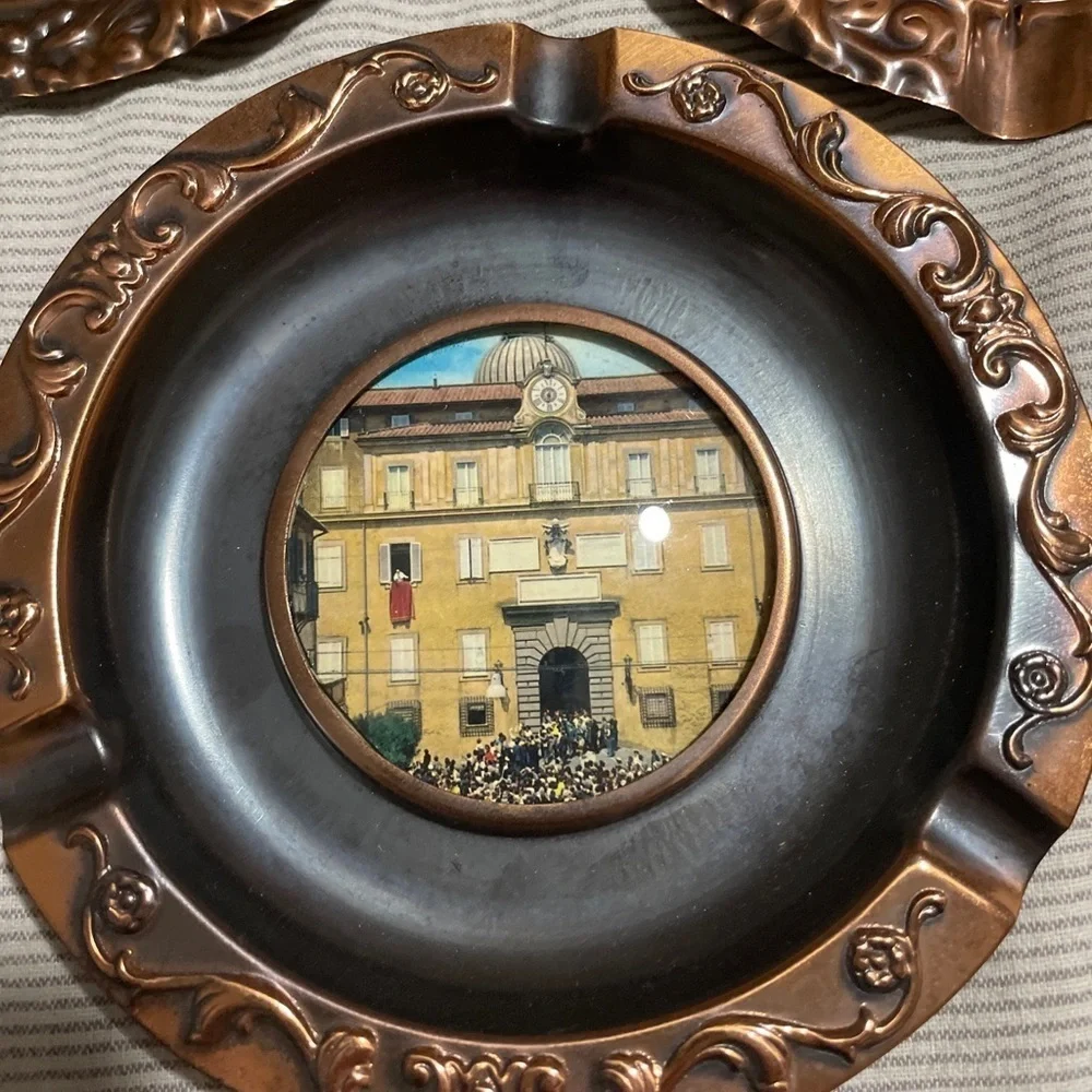 3 Souvenir Roma Vintage Embossed Copper Ashtrays